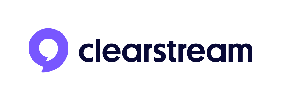 Clearstream's new logo, a purple stamp in the shape of a circular text message bubble, with bold dark purple lettering.